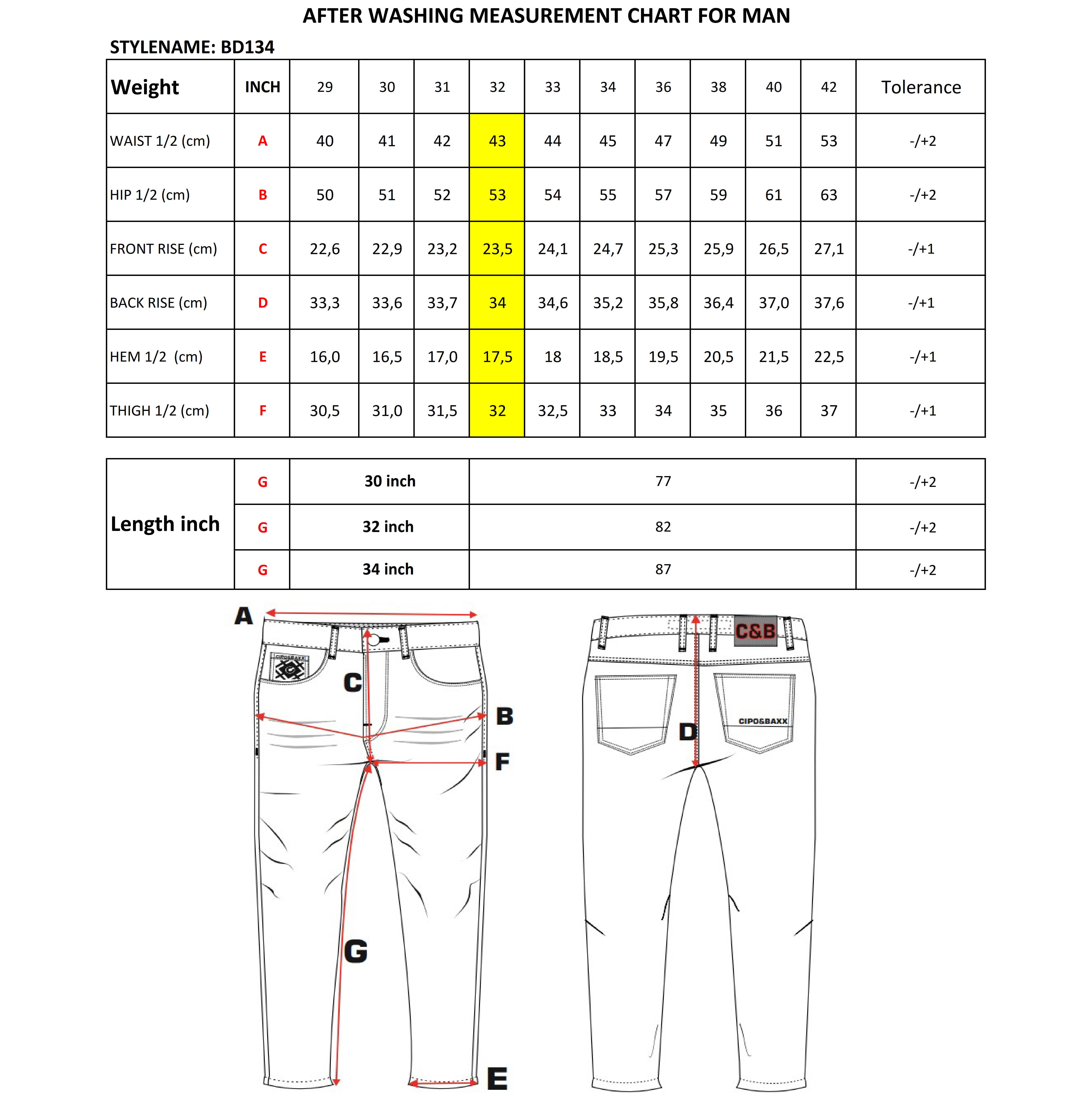 BD134 Herren Jeans – Straight Fit mit stilvollem Komfort size chart