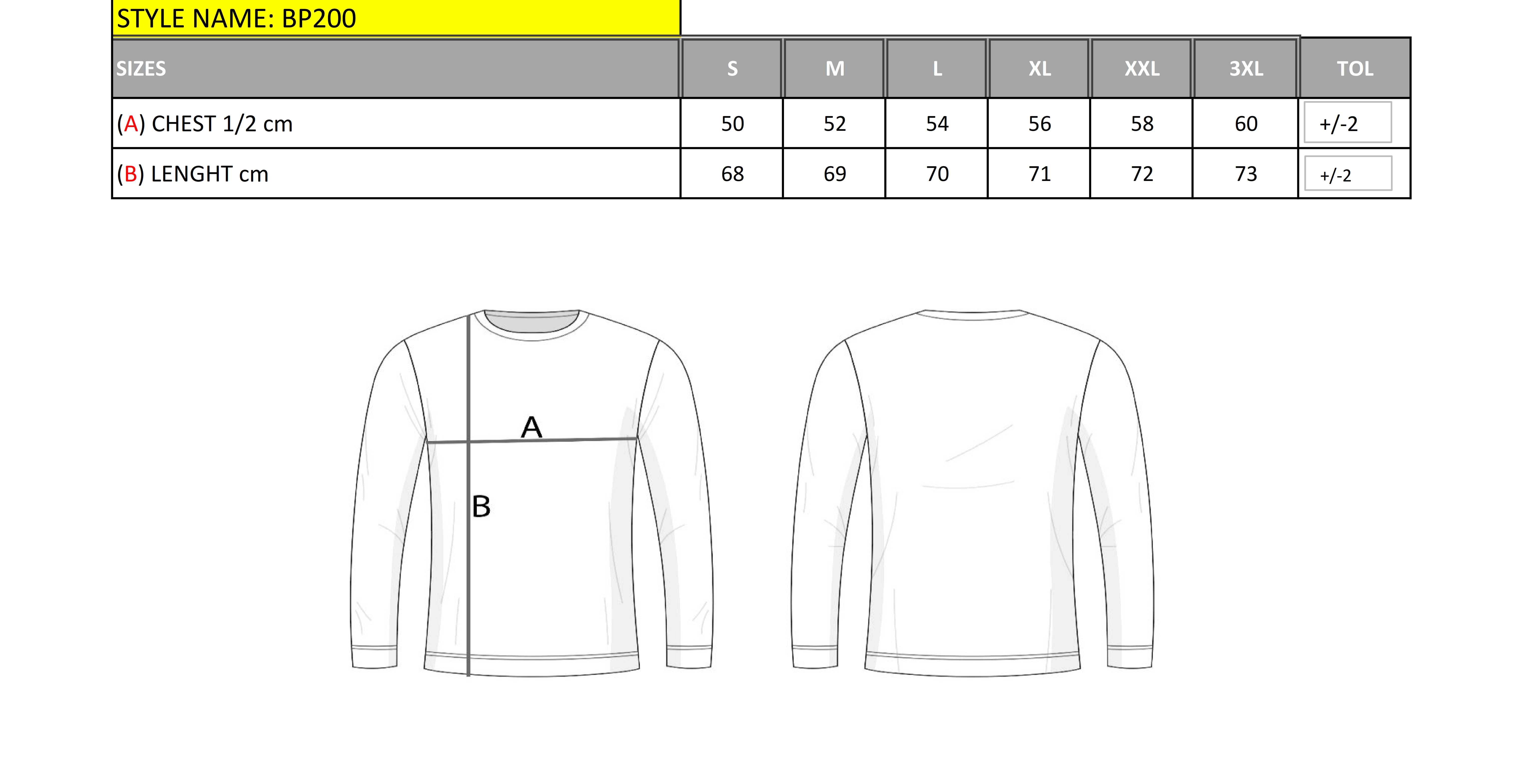 BP200 Herren Rollkragenpullover – Regular Fit size chart