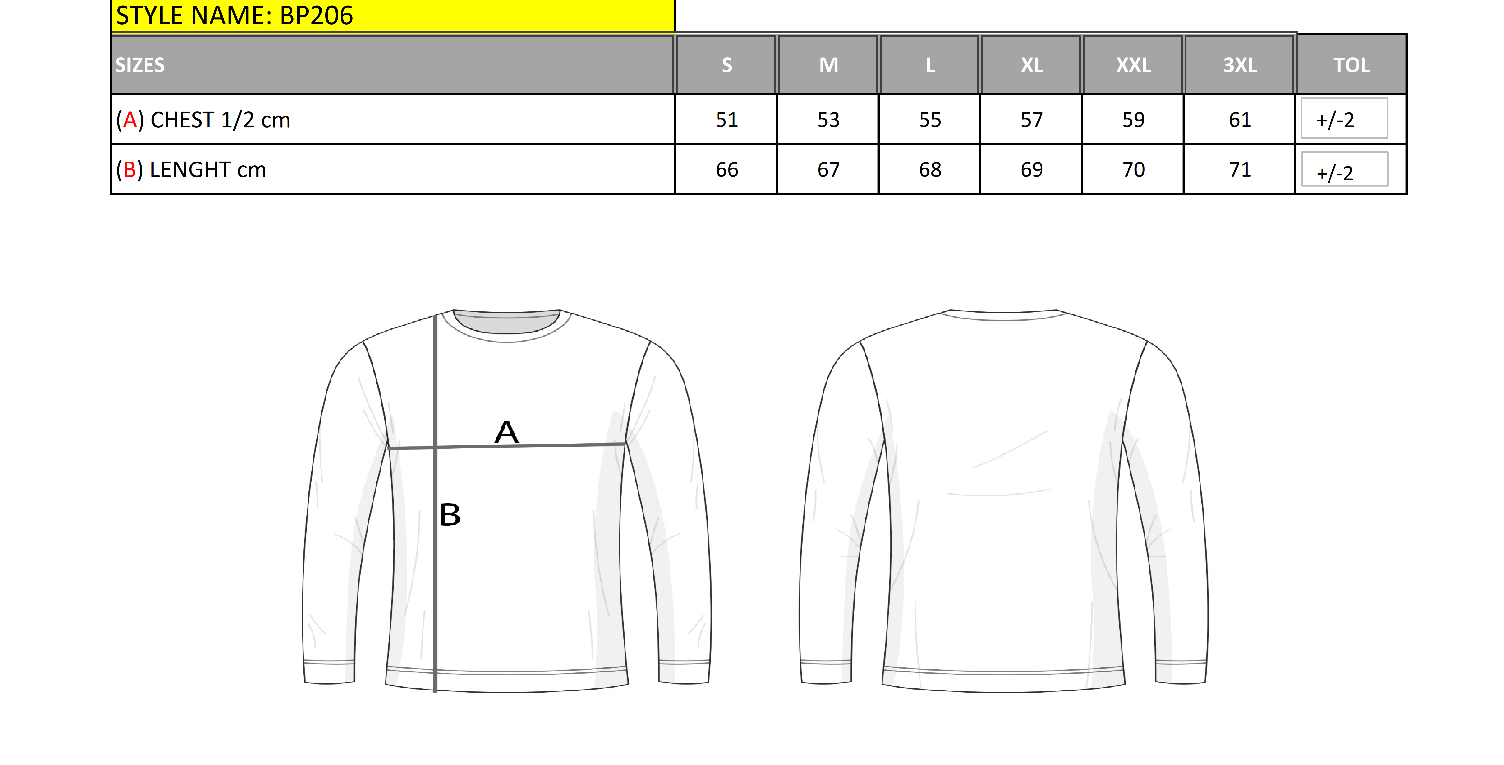 BP206 Herren Pullover Regular Fit size chart