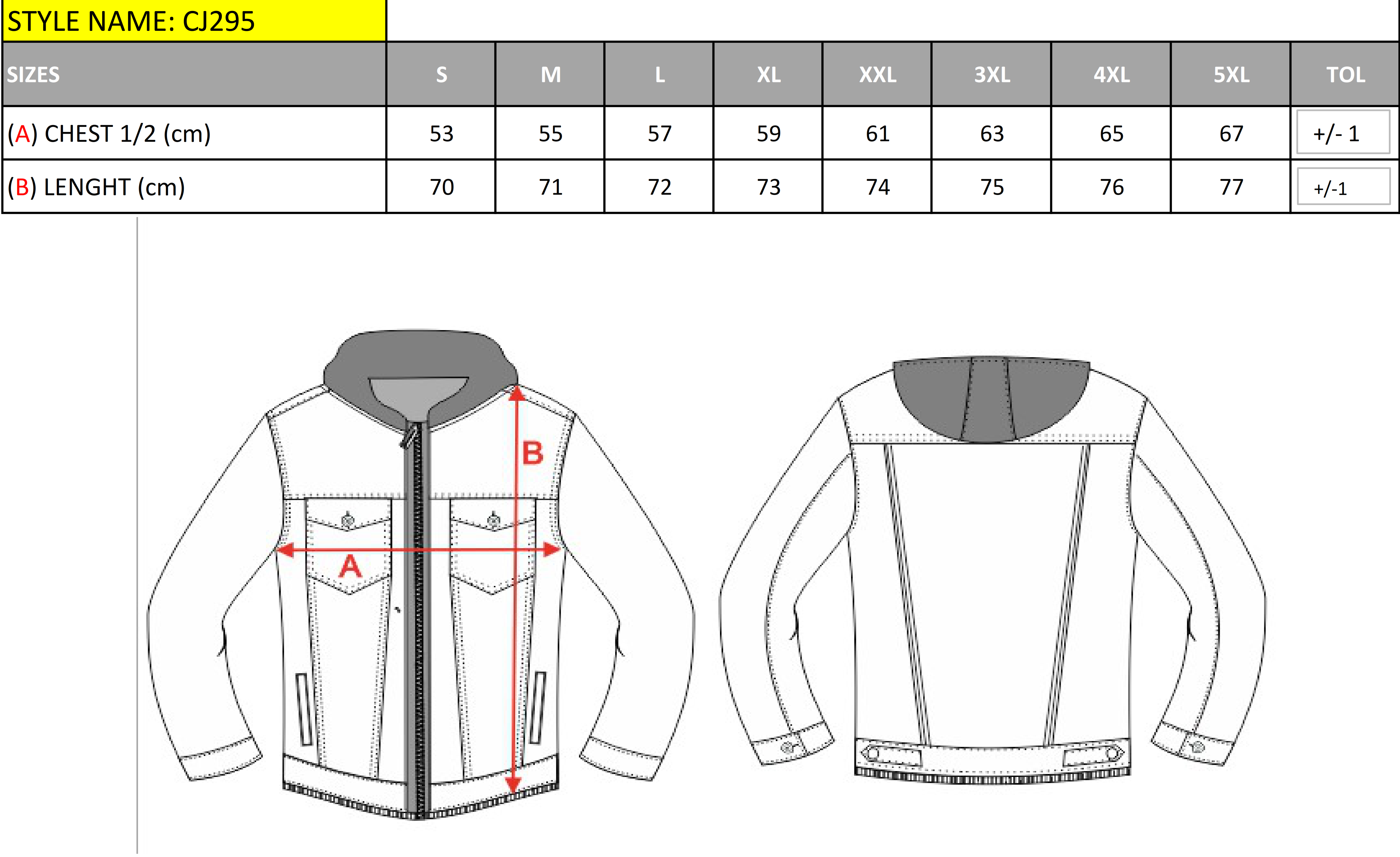 CJ295 Herren Jacke – Moderner Stil mit sportlichen Details size chart