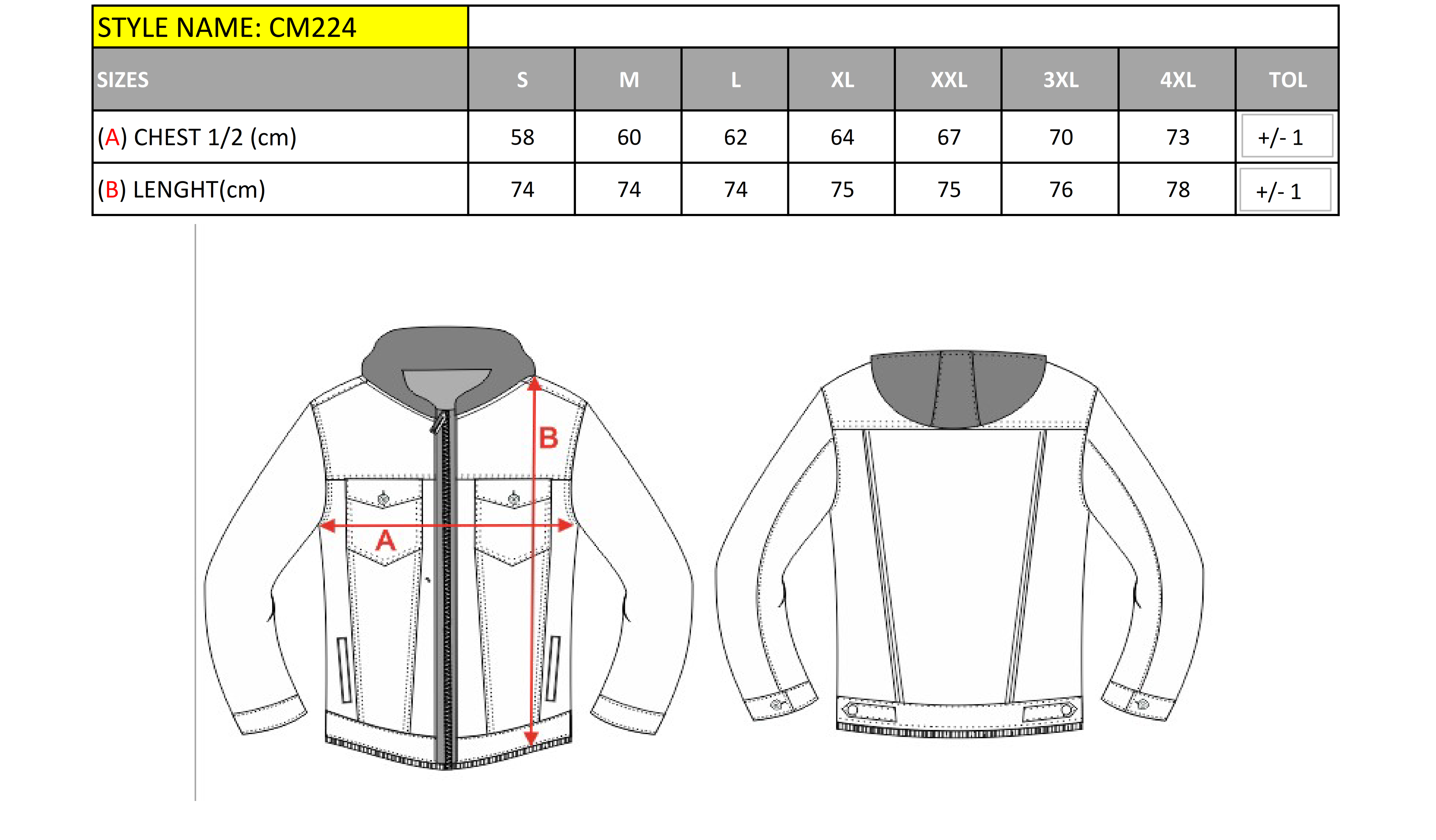 CM224 Herren Winterjacke – Klassisch & funktional | Abnehmbare Kapuze mit Reißverschluss size chart