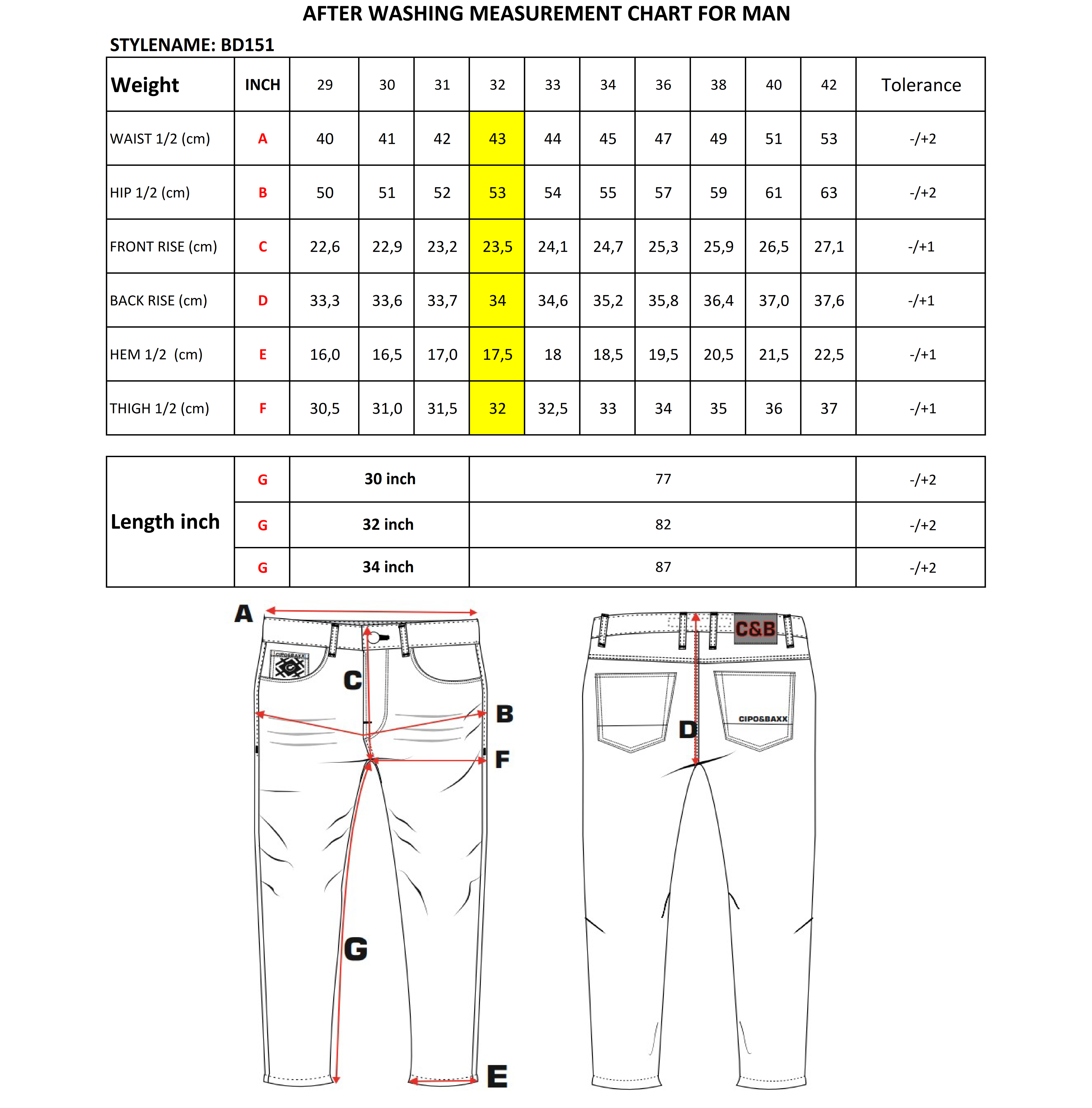 BD151 Herren Jeans – Komfort trifft auf klassische Eleganz size chart
