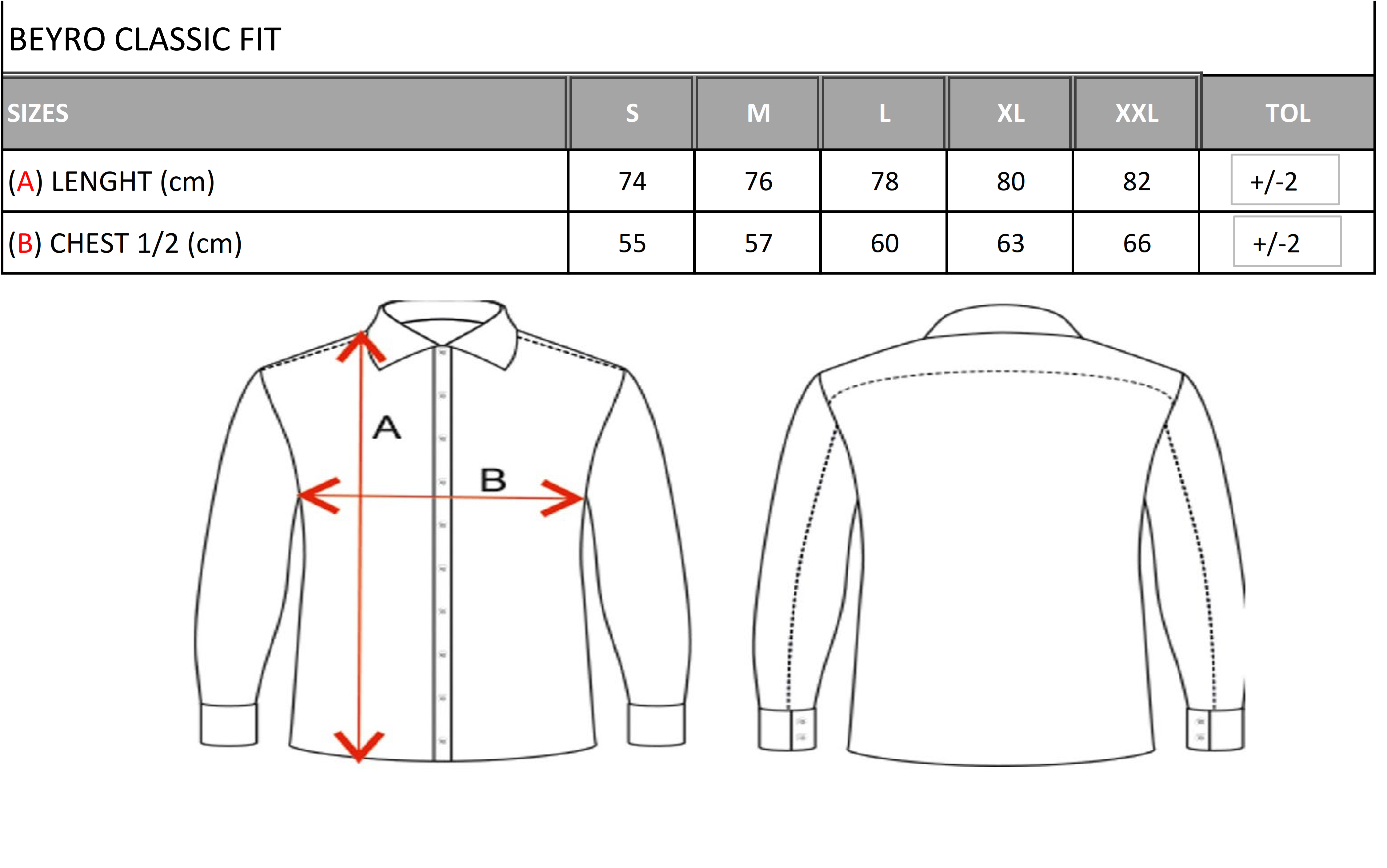 BH100 Klassisches Herrenhemd mit Brusttasche – Bügelleichtes Baumwoll-Satin, Komfort-Passform size chart