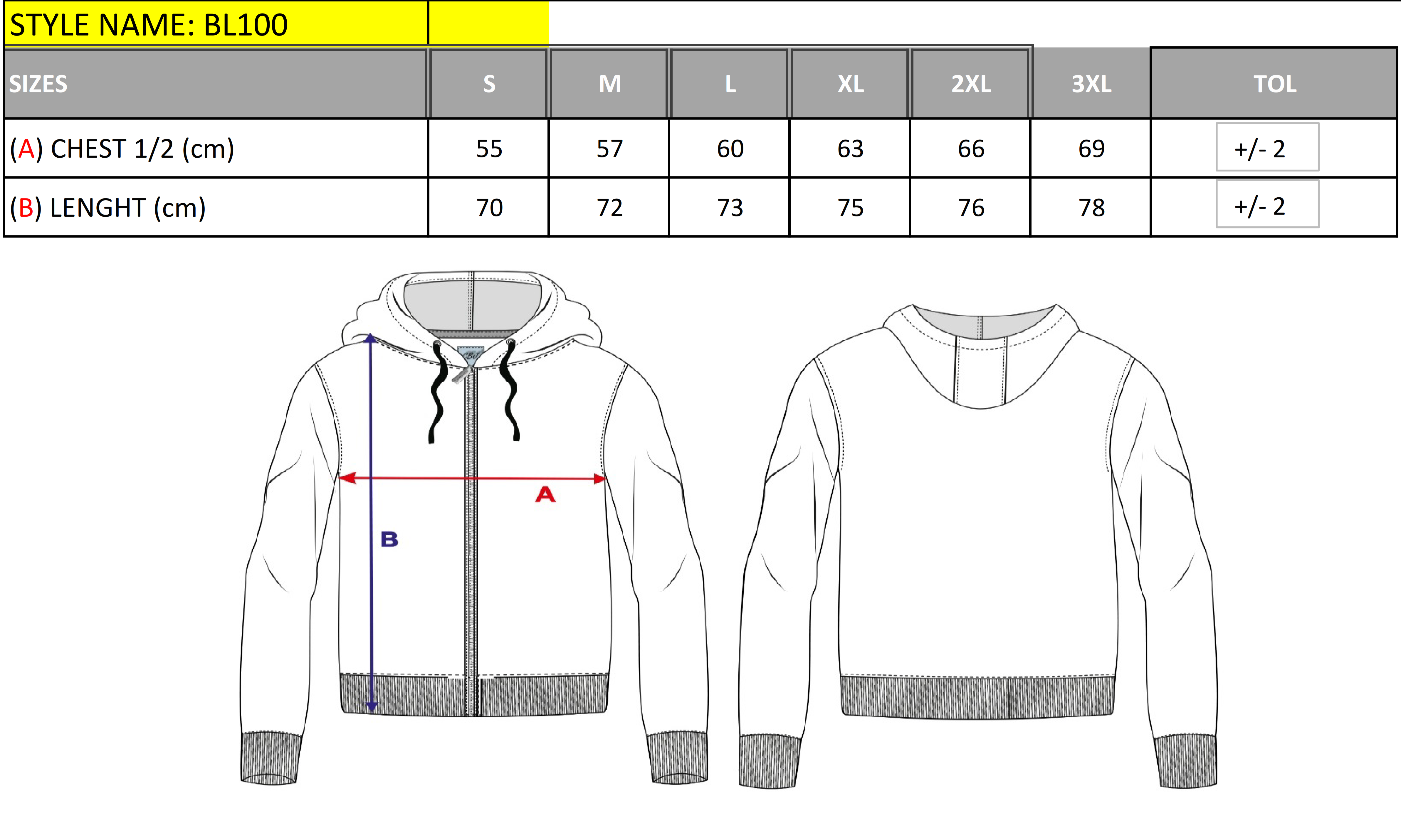 BL100 Herren Sweatjacke mit Kapuze – Regular Fit size chart