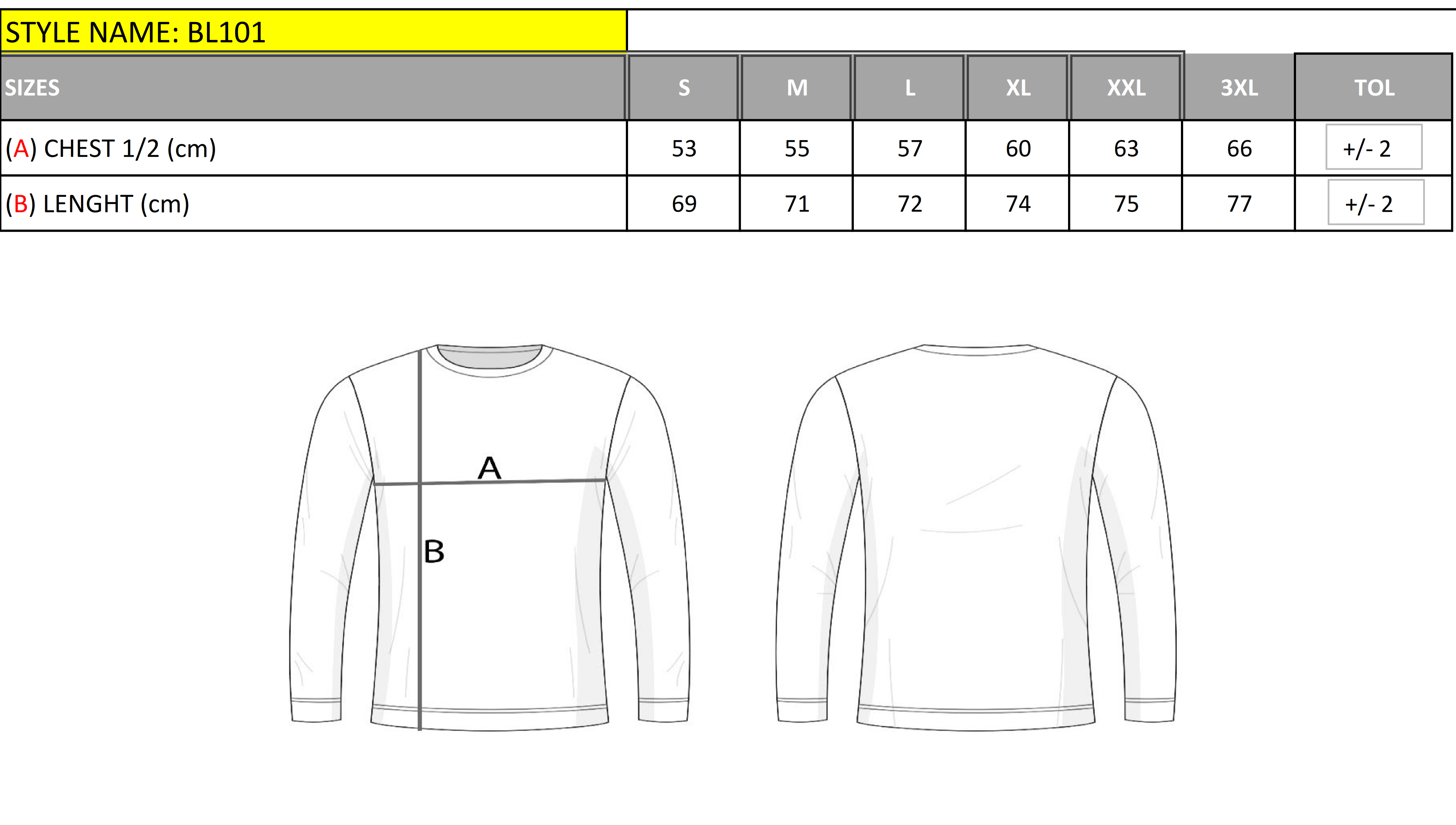 BL101 Herren Basic Sweatshirt – Rundhals & Regular Fit size chart