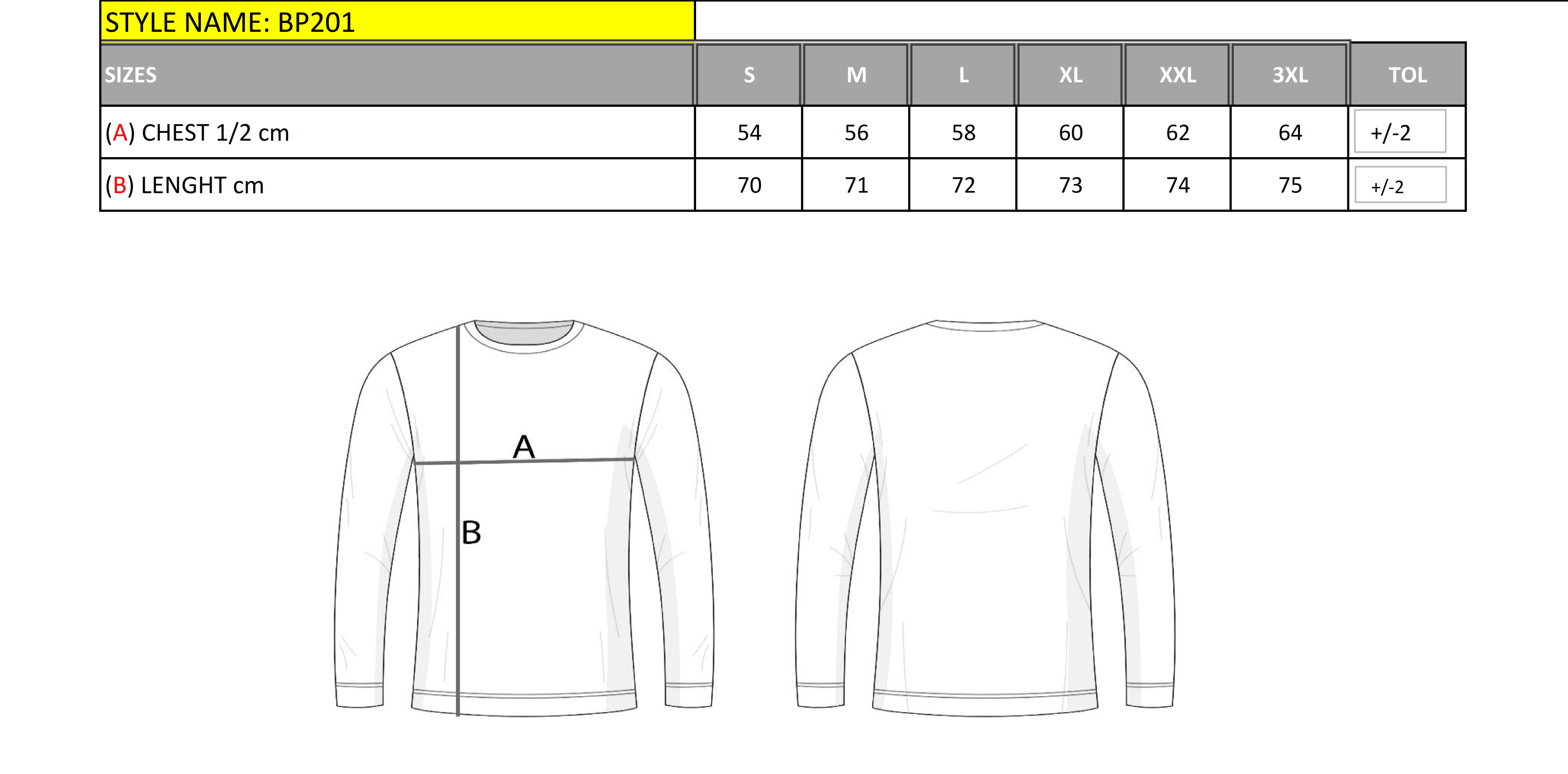 BP201 Herren Pullover mit Stehkragen – Regular Fit size chart