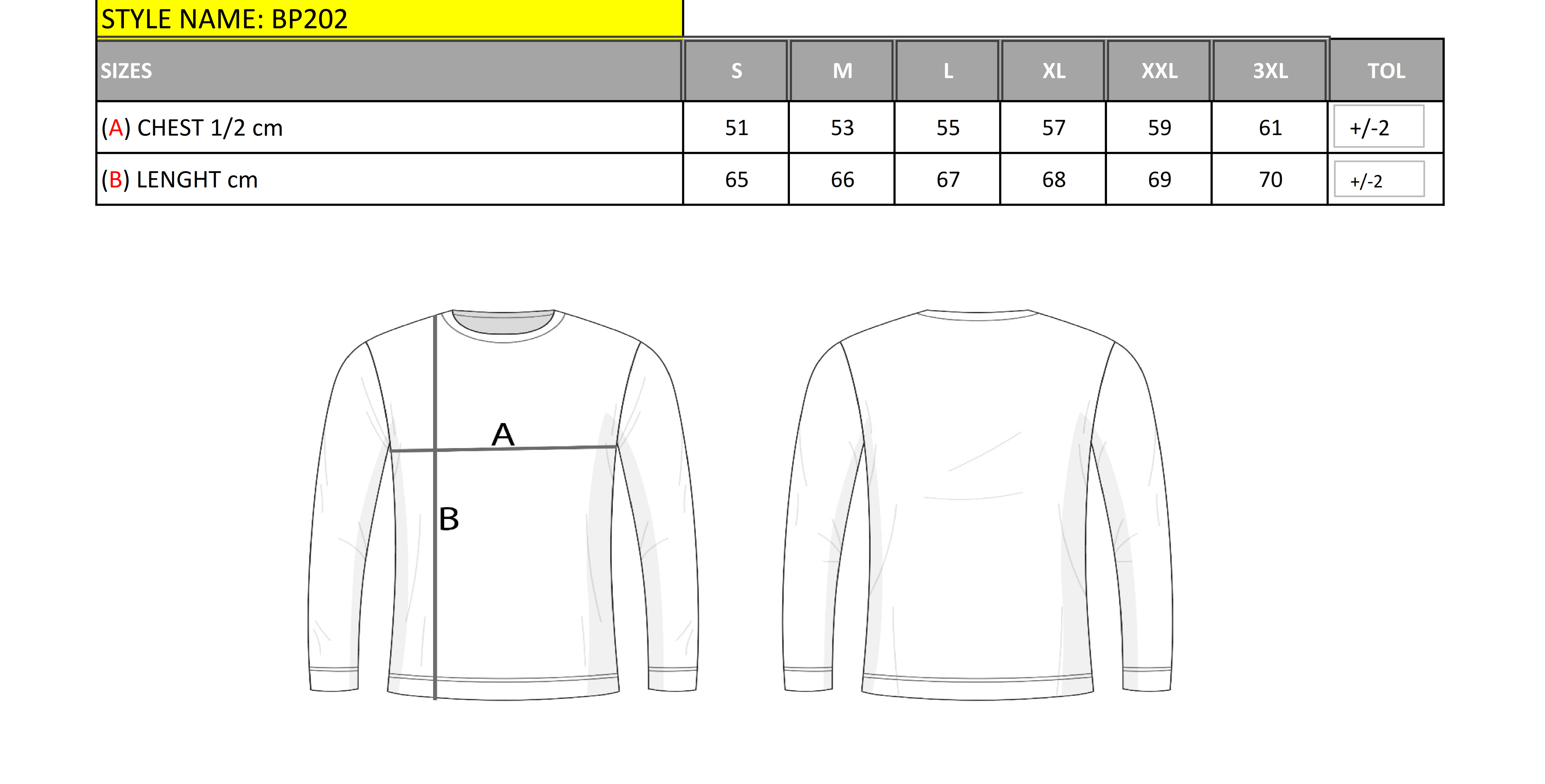 BP202 Herren Pullover mit Zipper-Kragen – Regular Fit size chart