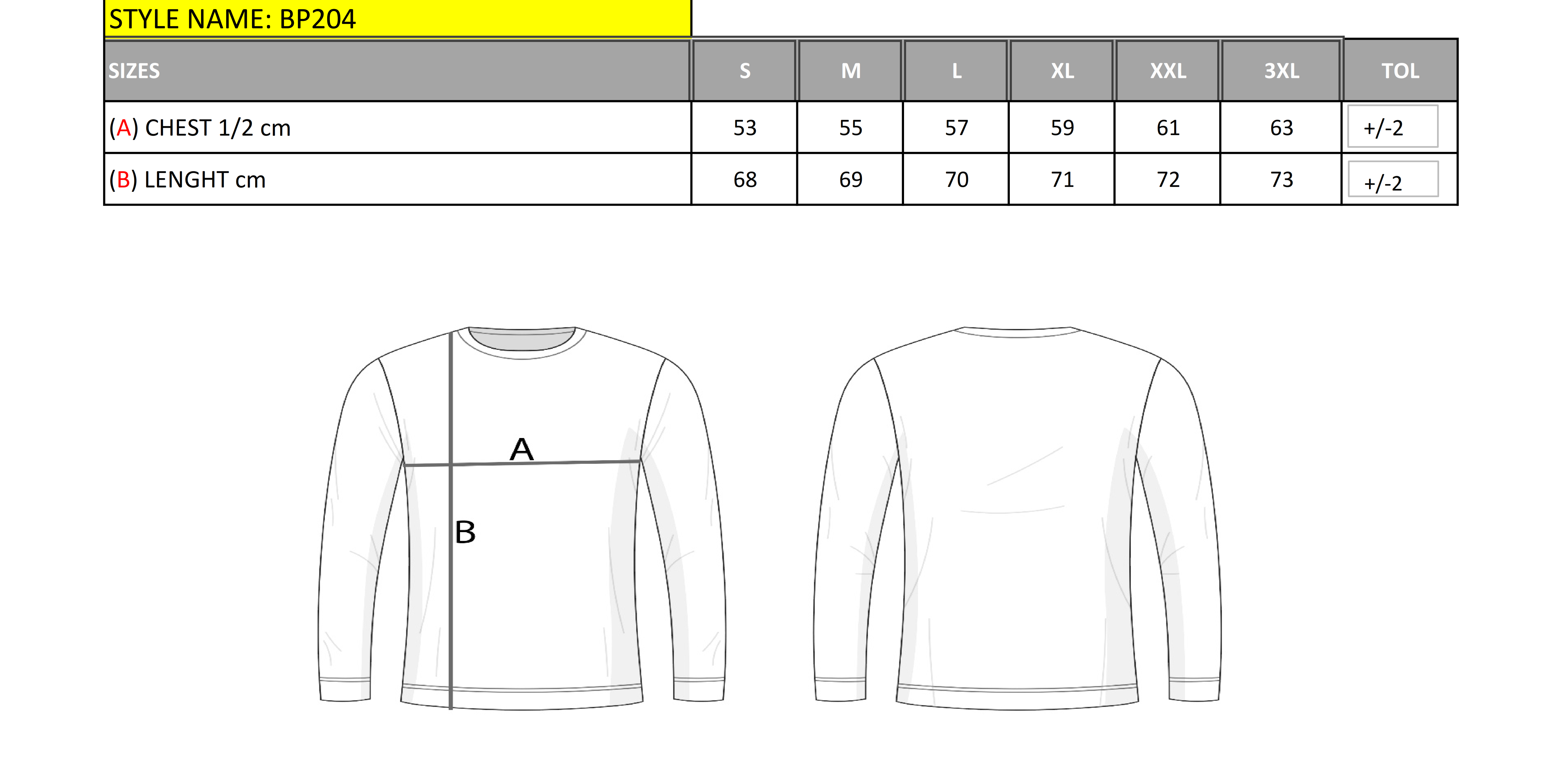 BP204 Herren Pullover mit Reißverschlusskragen – Regular Fit size chart