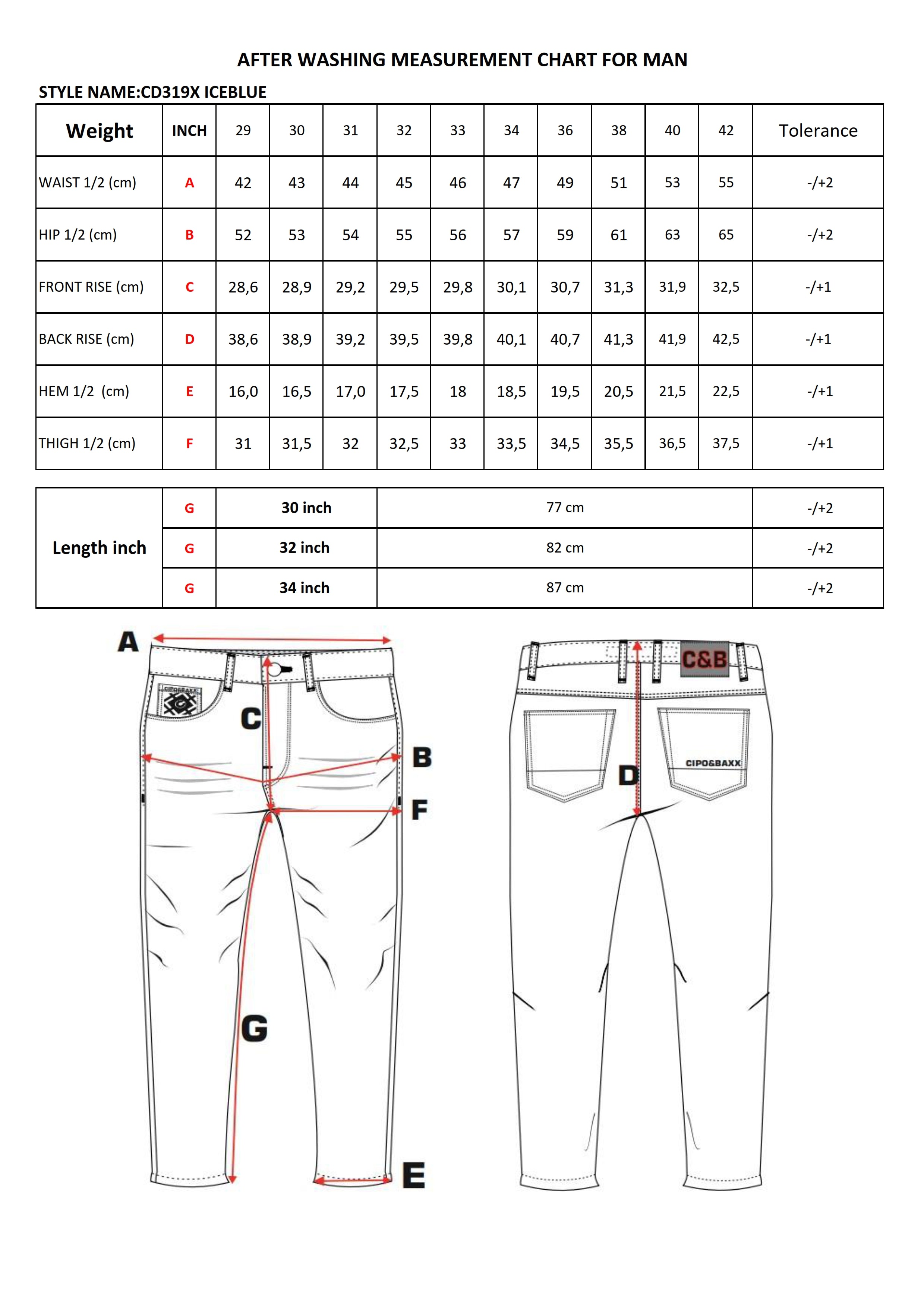CD319X Herren bequeme Jeans in Straight Fit size chart