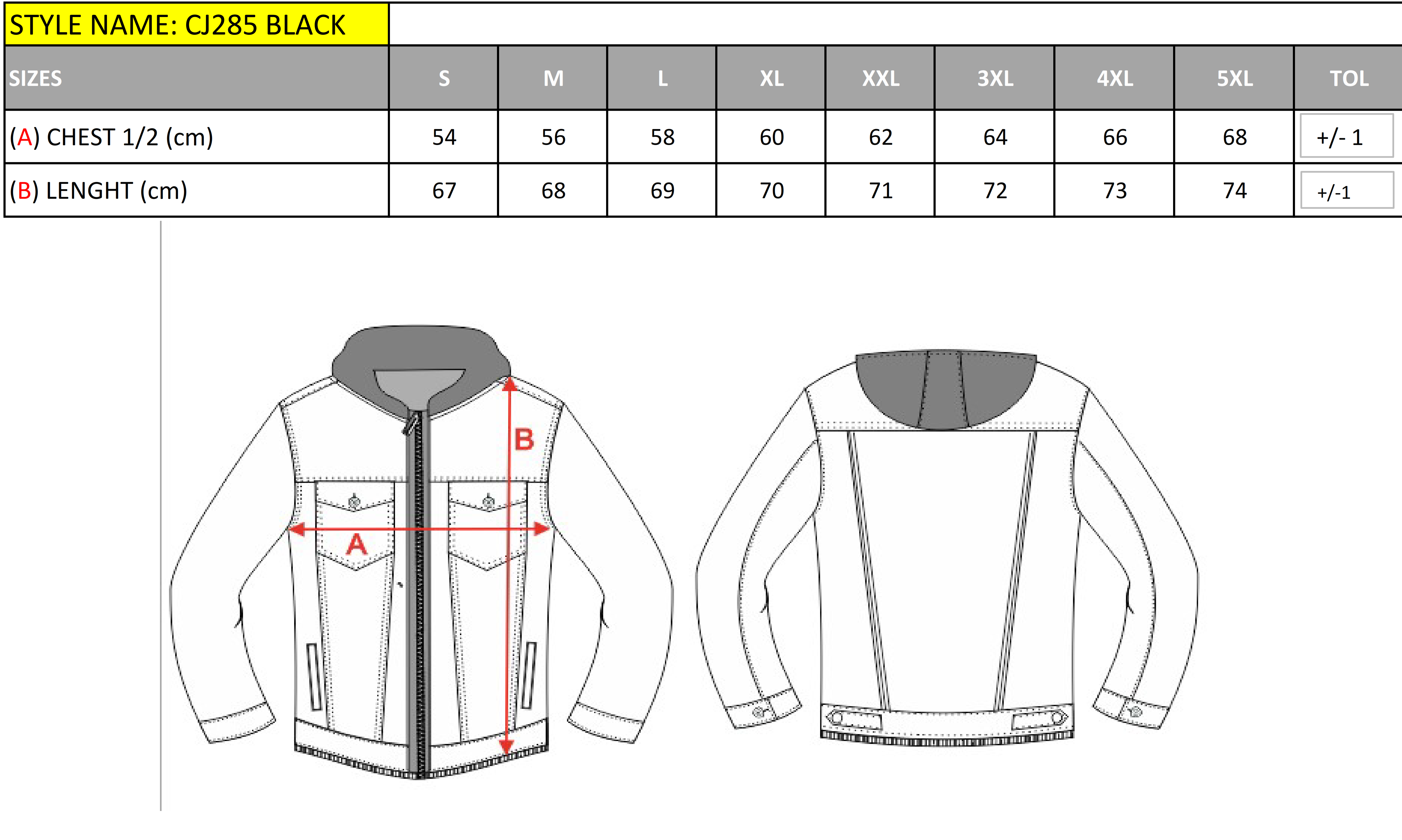 CJ285 Herren Winterjacke – mit abnehmbarer Kapuze & markanten Details size chart