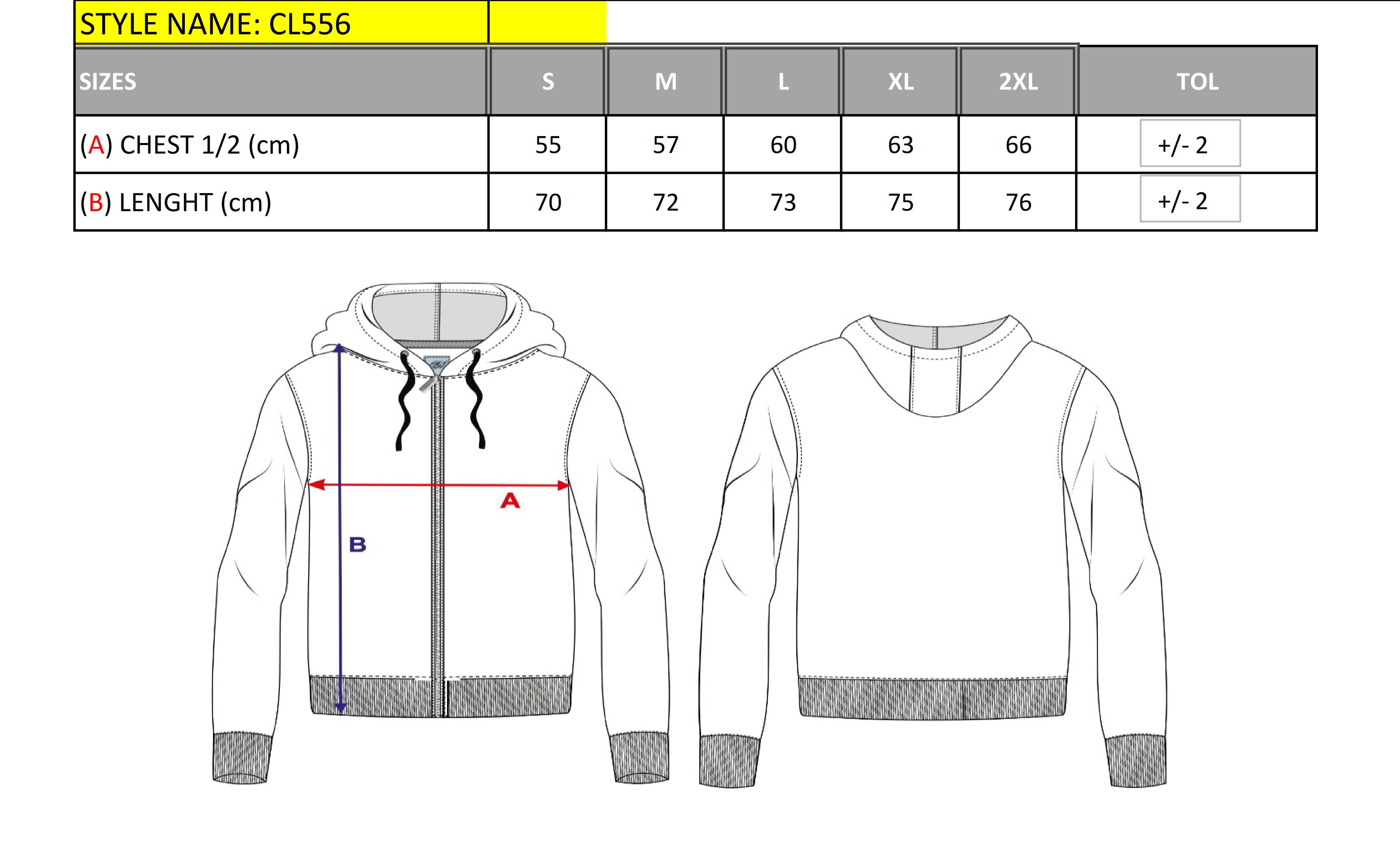 CL556 Herren Sweatjacke mit Kapuze - Verschiedene Farben size chart