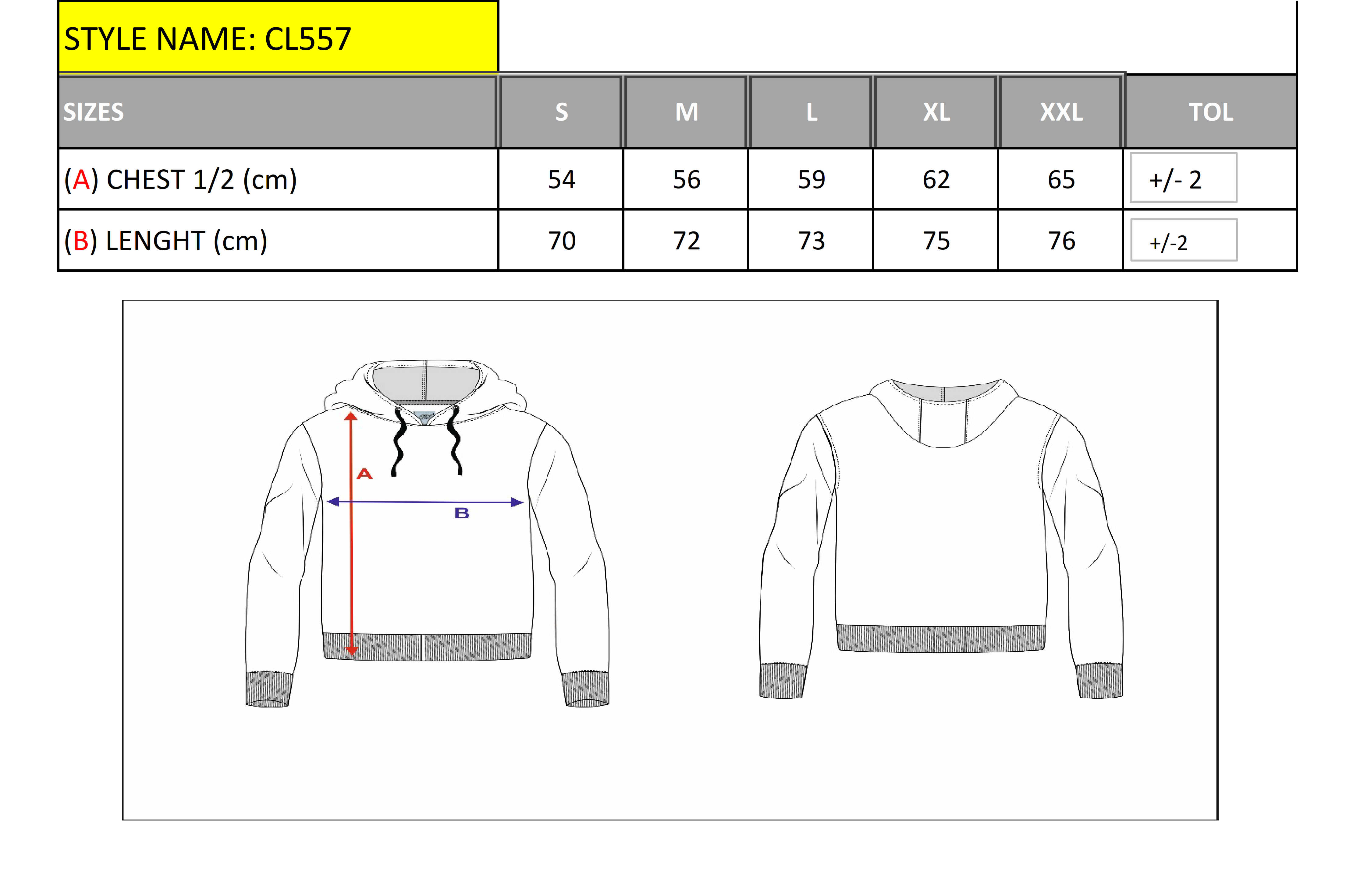 CL557 Herren Sweatshirt mit Kapuze size chart