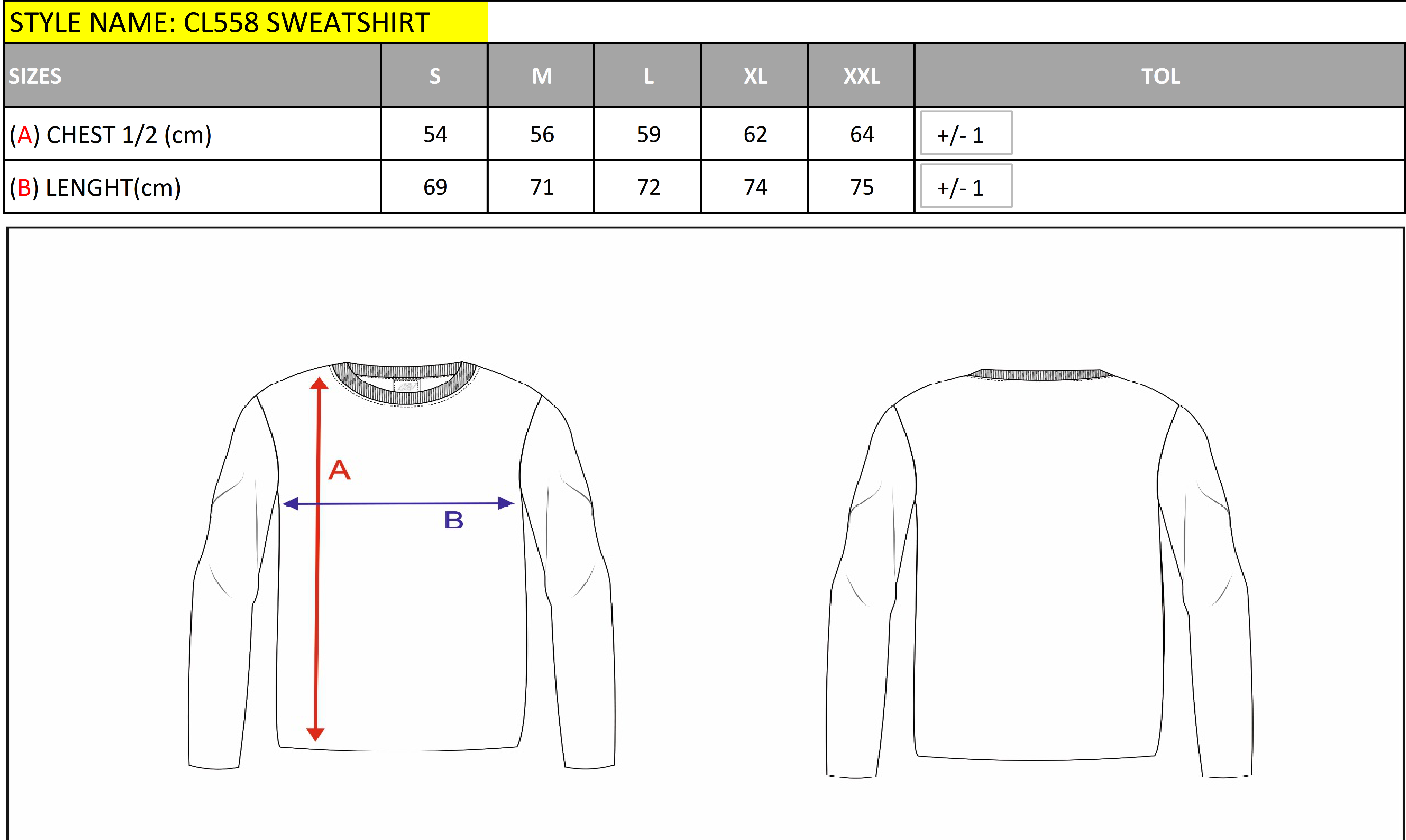 CL558 Herren Sweatshirt – Klassischer Komfort und moderner Stil size chart
